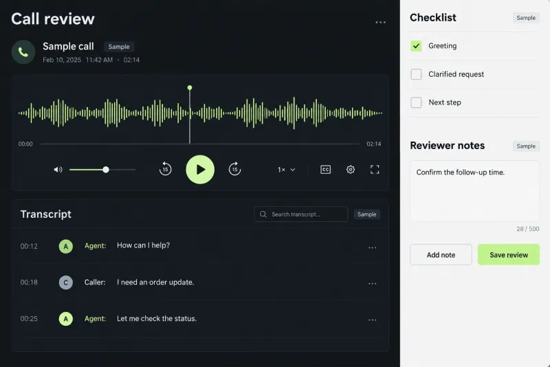 Illustrative interface concept for a call-review workspace with a transcript and checklist. Sample data.