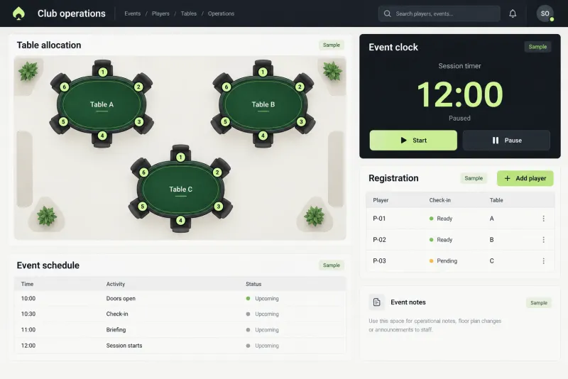 Illustrative interface concept for a club operations workspace with registration and table allocation. Sample data.