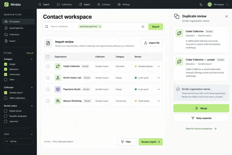 Illustrative interface concept for a contact-data workspace with import and duplicate review. Sample data.