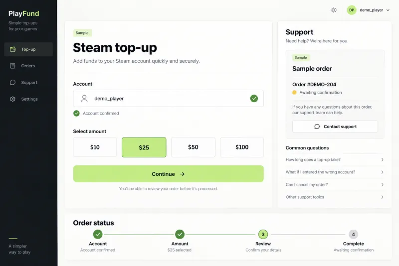 Illustrative interface concept for a Steam top-up and support workflow. Sample data.